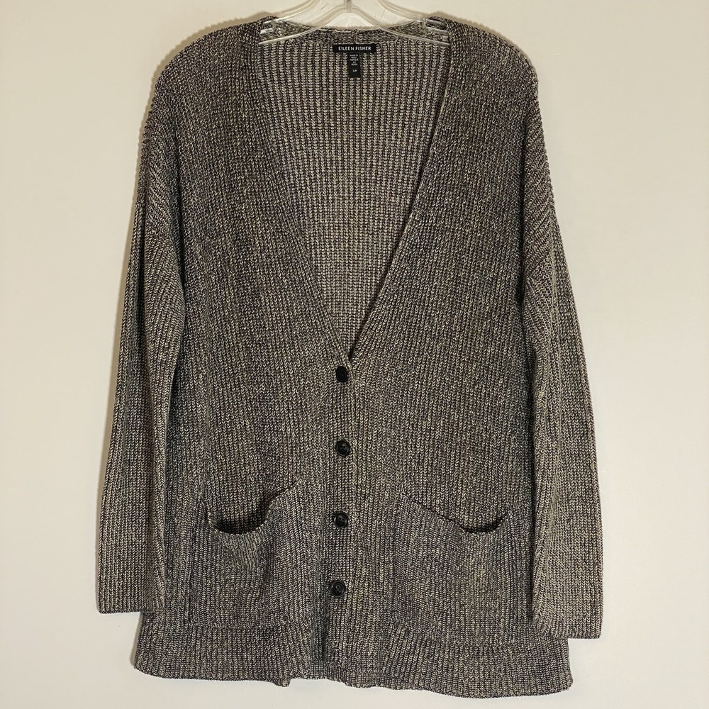 Eileen Fisher Cardigan Sweater Womens Small Tan Black Knit Organic Cotton Classy